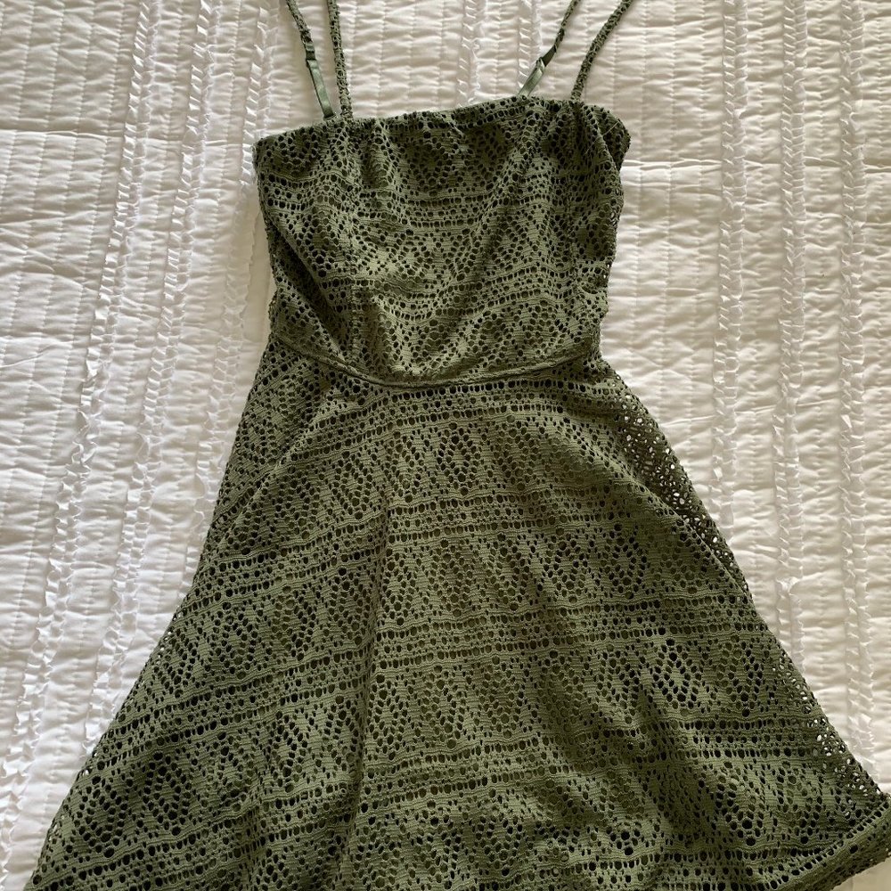 Express Olive Green Crochet Overlay Dress